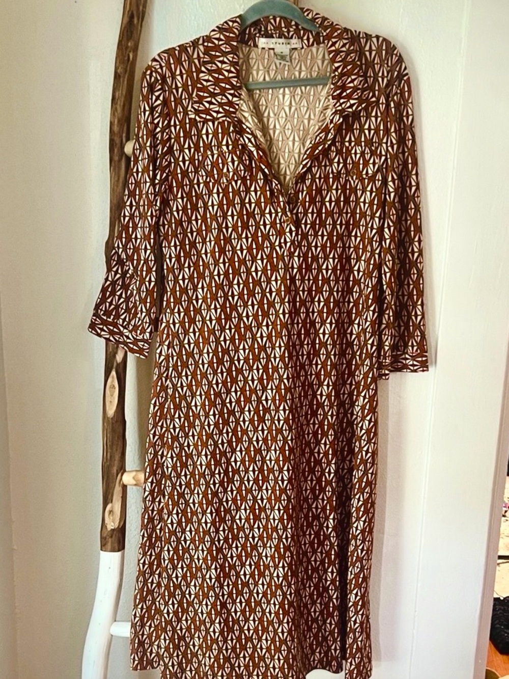 Geometric Retro Brown Orange ivory Print Stretch Midi Collared Dress Large 14